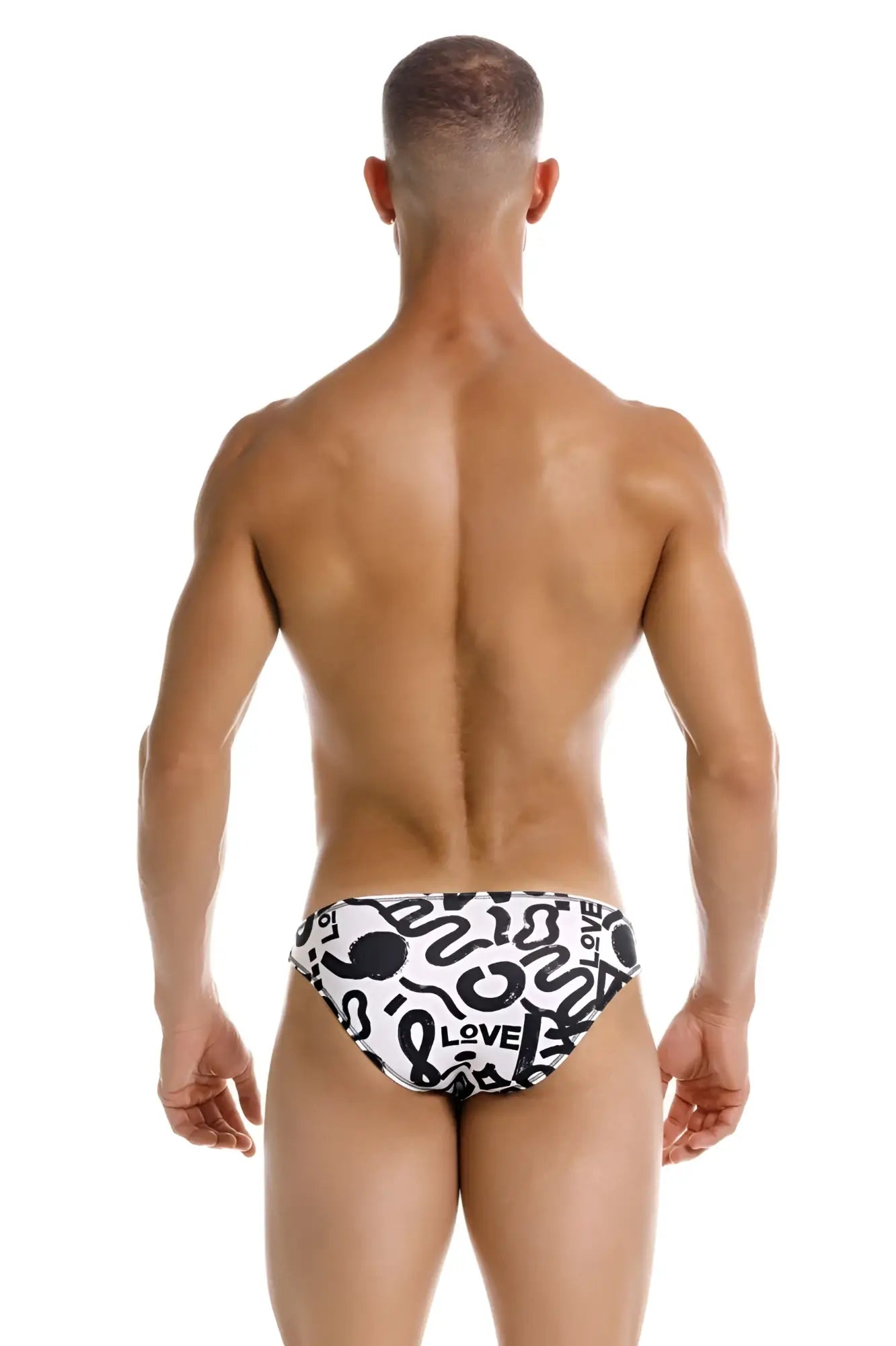 Black and white graphic swim trunks jor 2186 love bikini color printed with bold abstract designs and love lettering