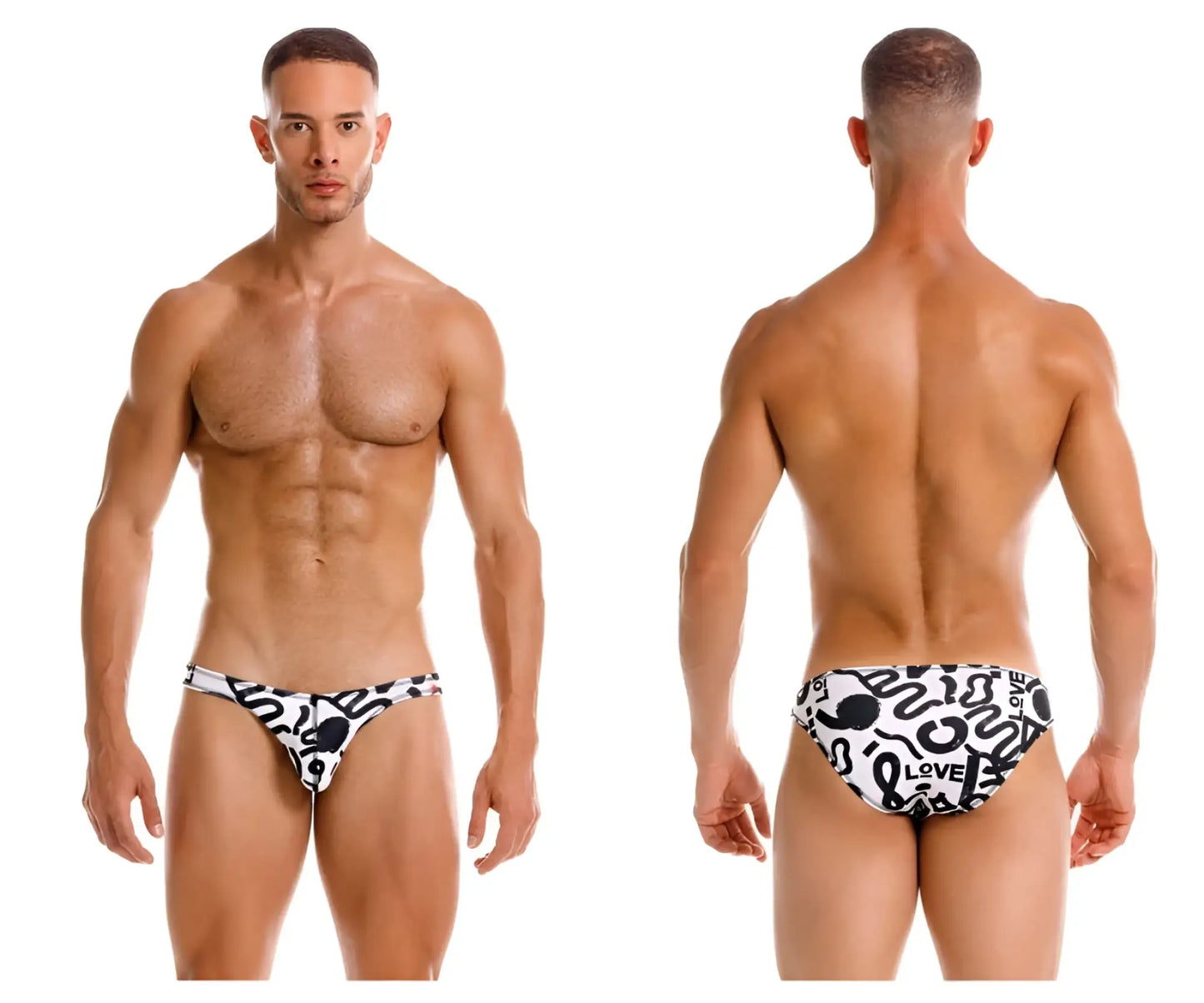 Black and white patterned jor 2186 love bikini color printed swim trunks with bold abstract designs and love text