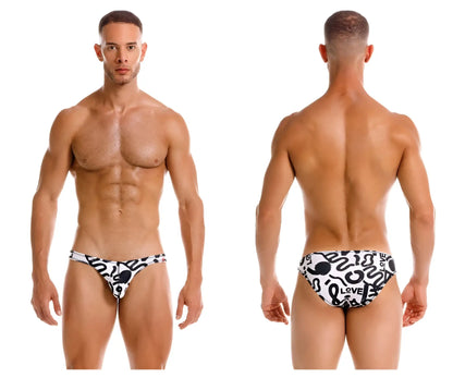 Black and white patterned jor 2186 love bikini color printed swim trunks with bold abstract designs and love text