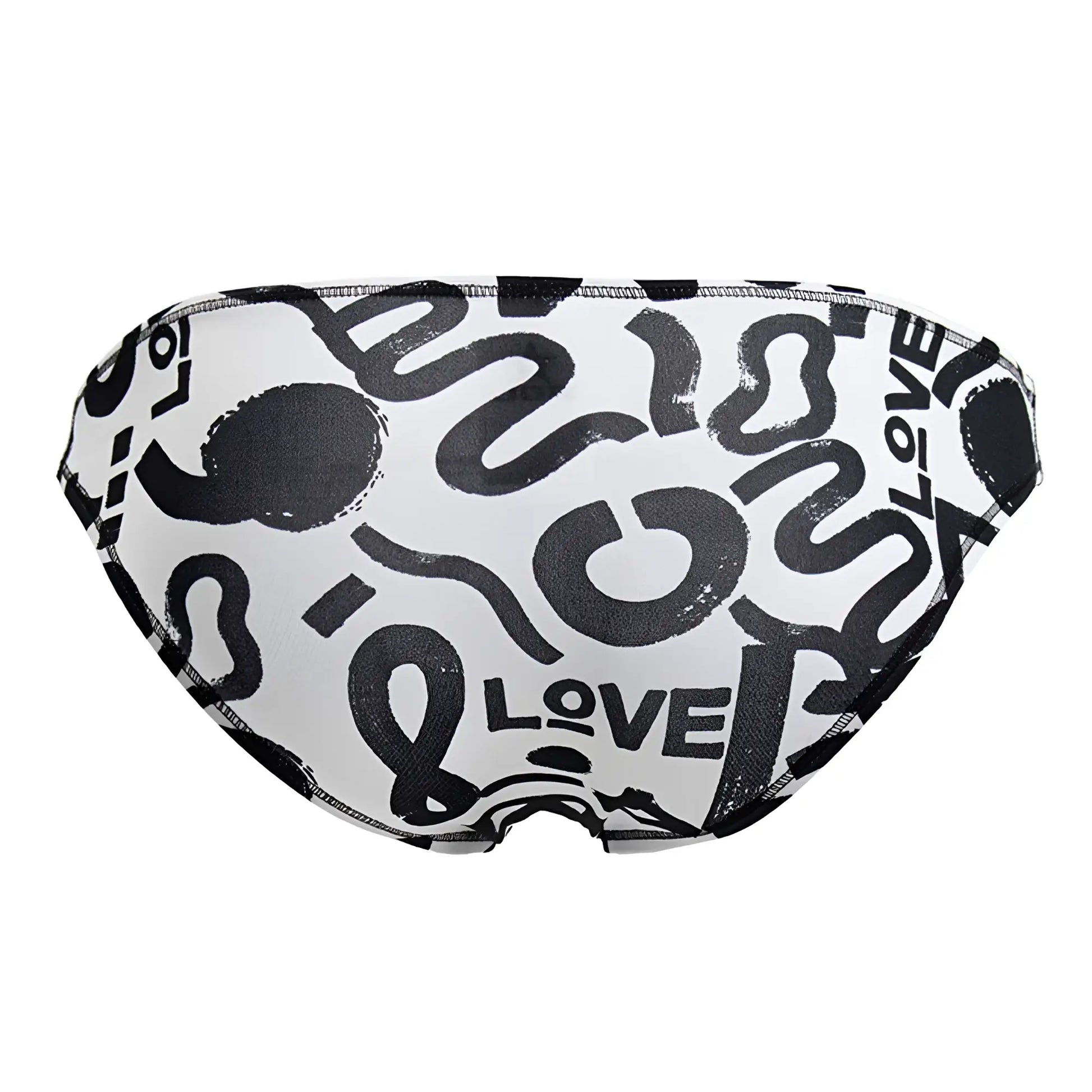White swim trunks with bold black abstract graffiti style pattern featuring the word love jor 2186 love bikini color printed