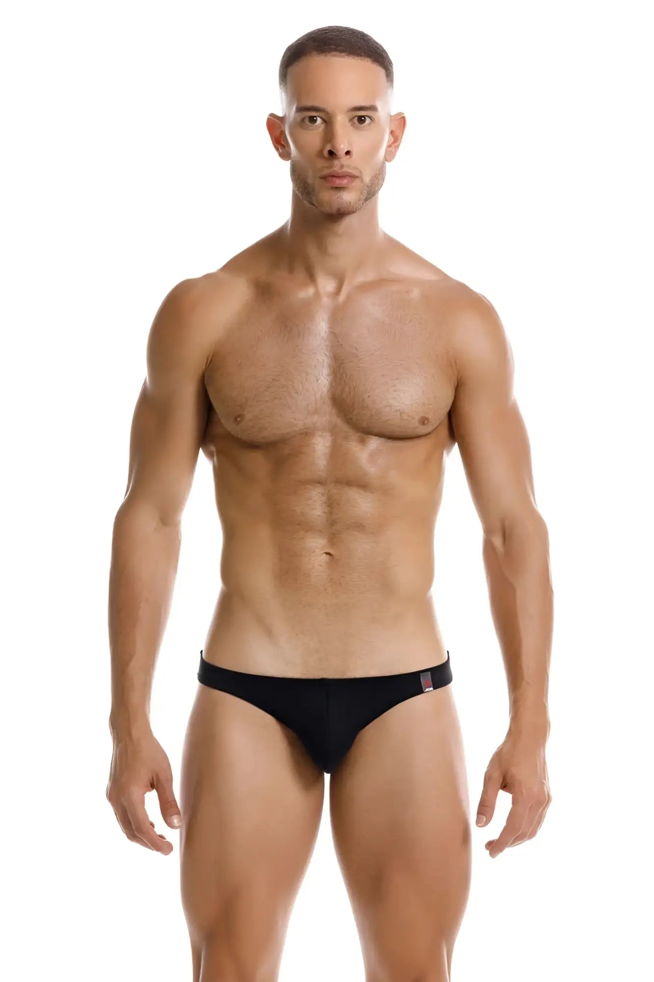 Black JOR 2191 travel swim bikini briefs with a subtle red and white logo on the waistband