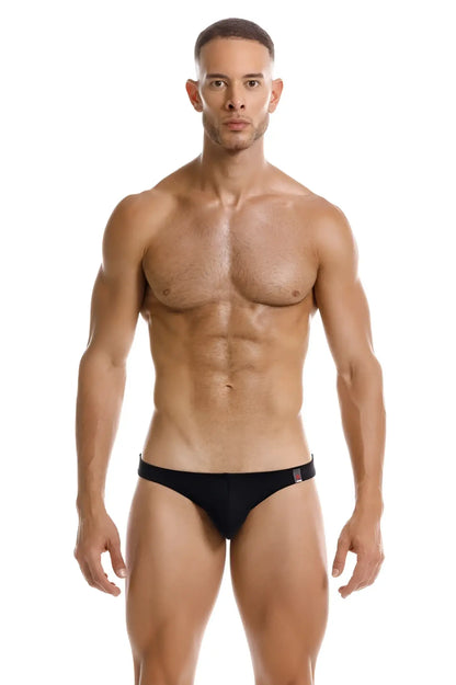 Black JOR 2191 travel swim bikini briefs with a subtle red and white logo on the waistband