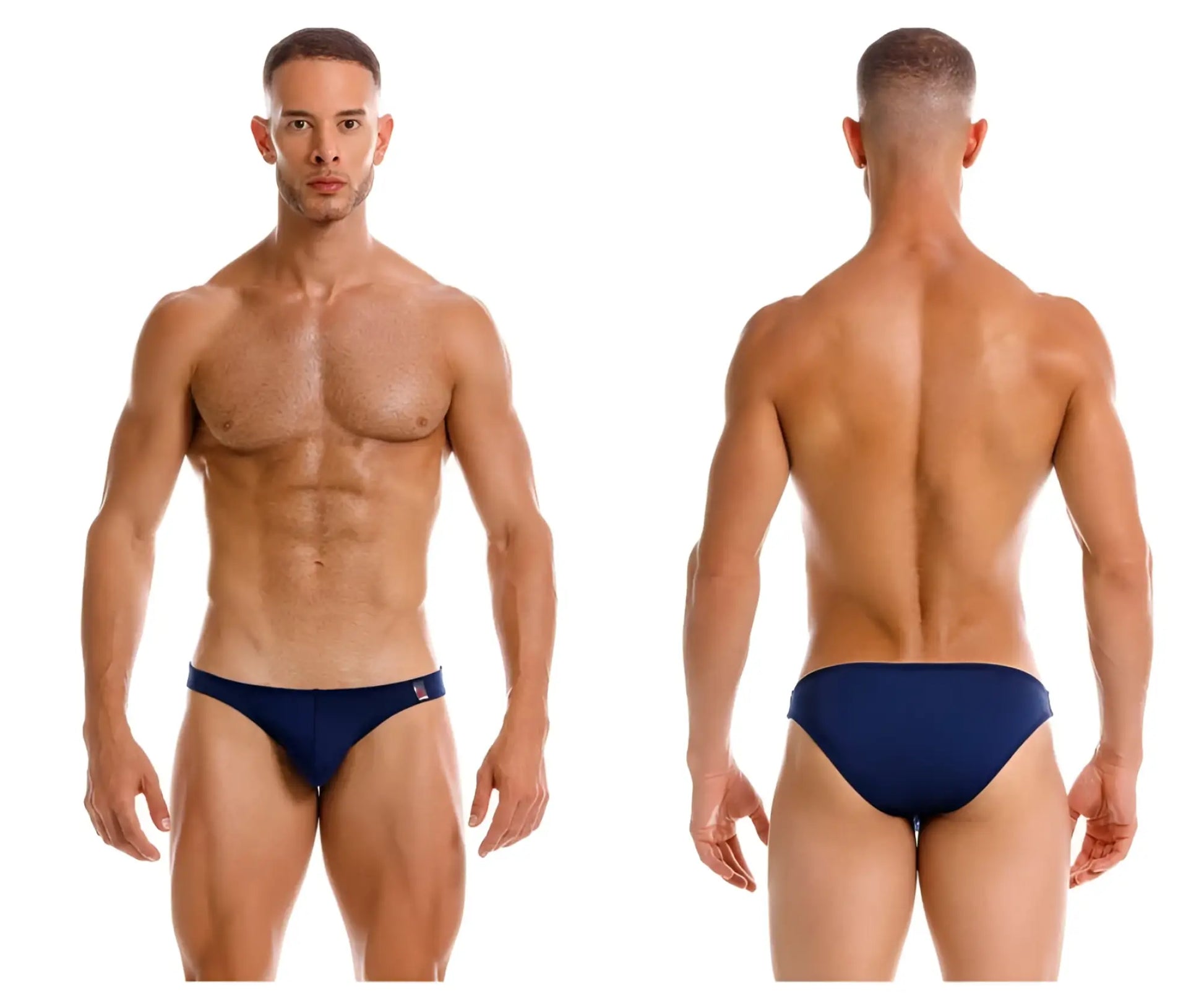 Navy blue brief-style swim trunks jor 2191 travel swim bikini with small logo on waistband for swimming and travel