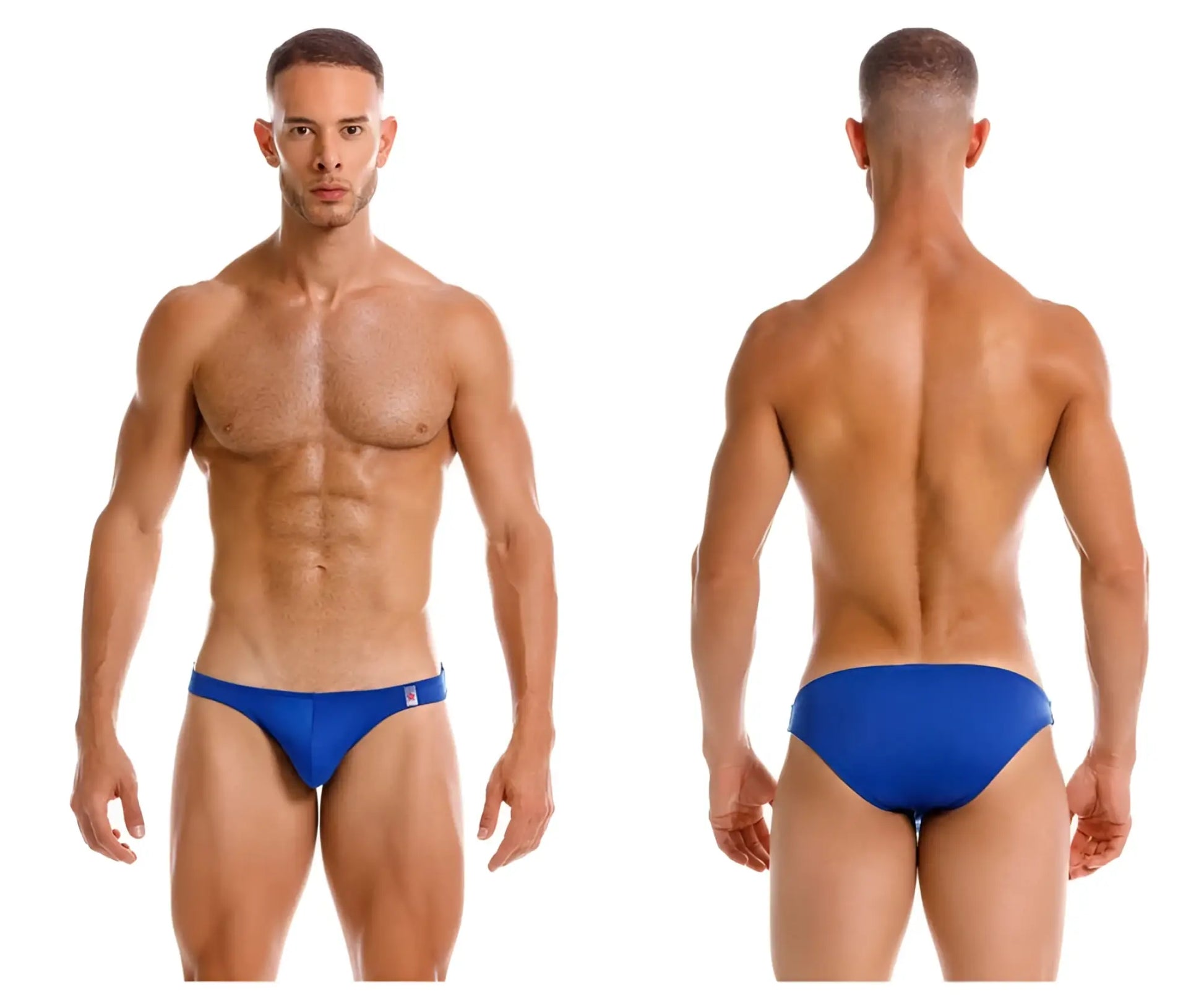 Blue swim trunks with a small logo on the left hip from jor 2191 travel swim bikini in royal color