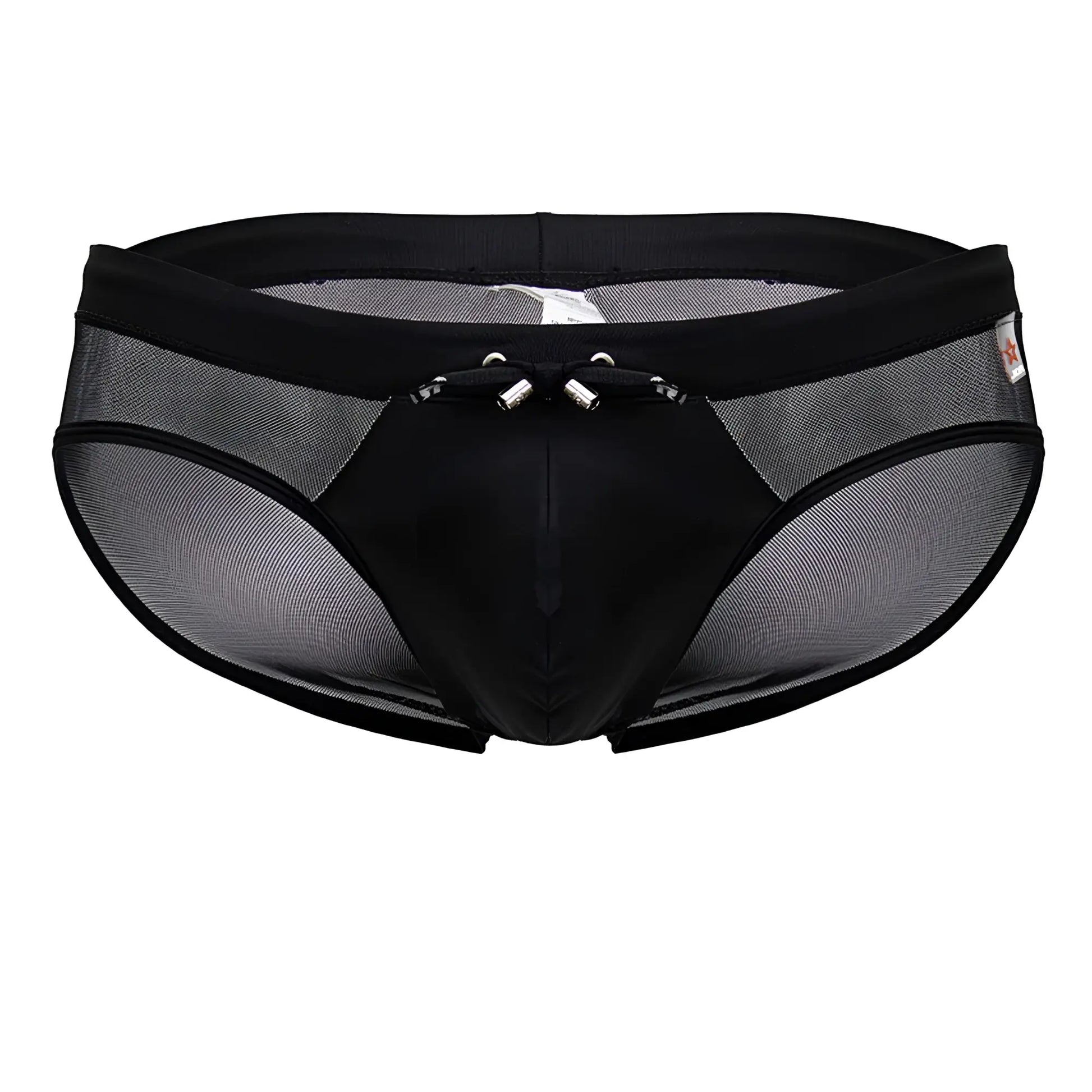 Black jor 2193 mystic swim briefs with mesh sides solid front panel and silver metal clasps at the waistband