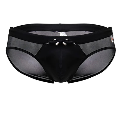 Black jor 2193 mystic swim briefs with mesh sides solid front panel and silver metal clasps at the waistband