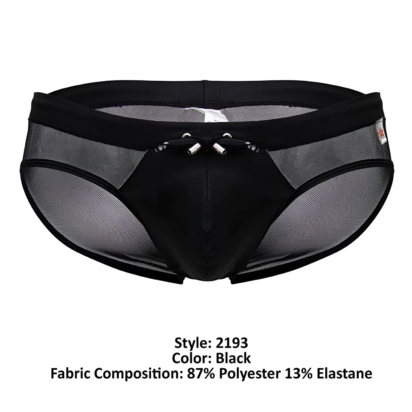 Black mesh JOR 2193 Mystic swim briefs with solid front panel and silver metal clasps at the waistband