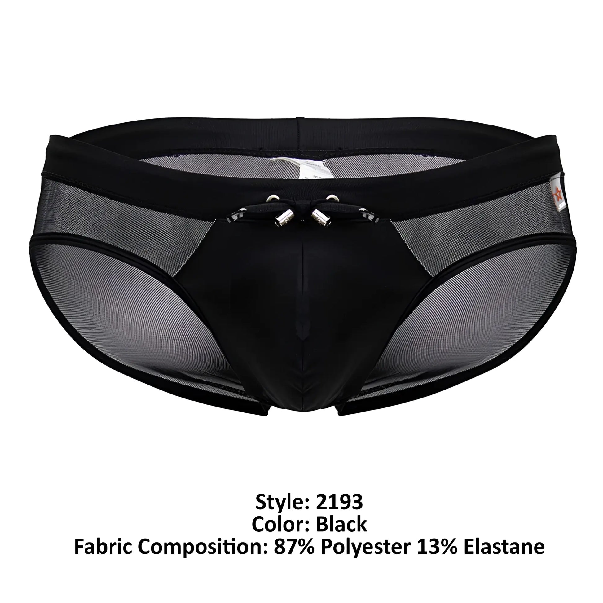 Black mesh JOR 2193 Mystic swim briefs with solid front panel and silver metal clasps at the waistband