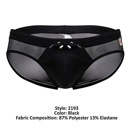 Black mesh JOR 2193 Mystic swim briefs with solid front panel and silver metal clasps at the waistband