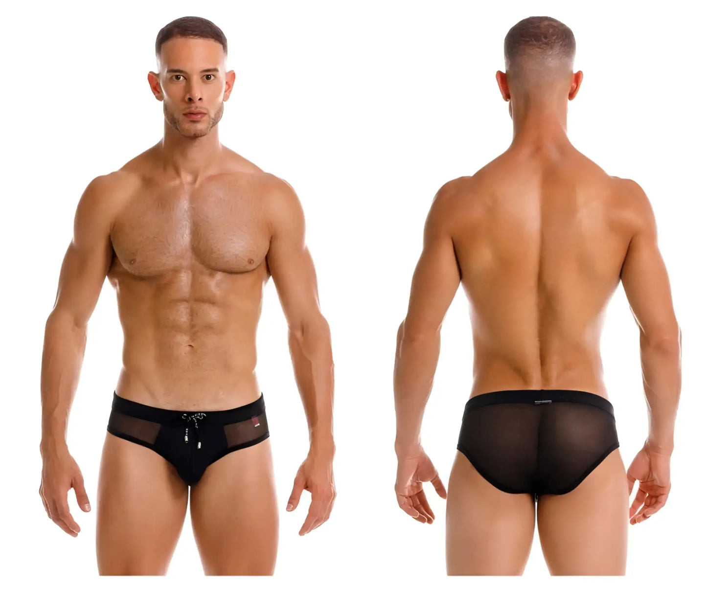 Black jor 2193 mystic swim briefs featuring mesh fabric solid waistband and small silver zipper detail at front
