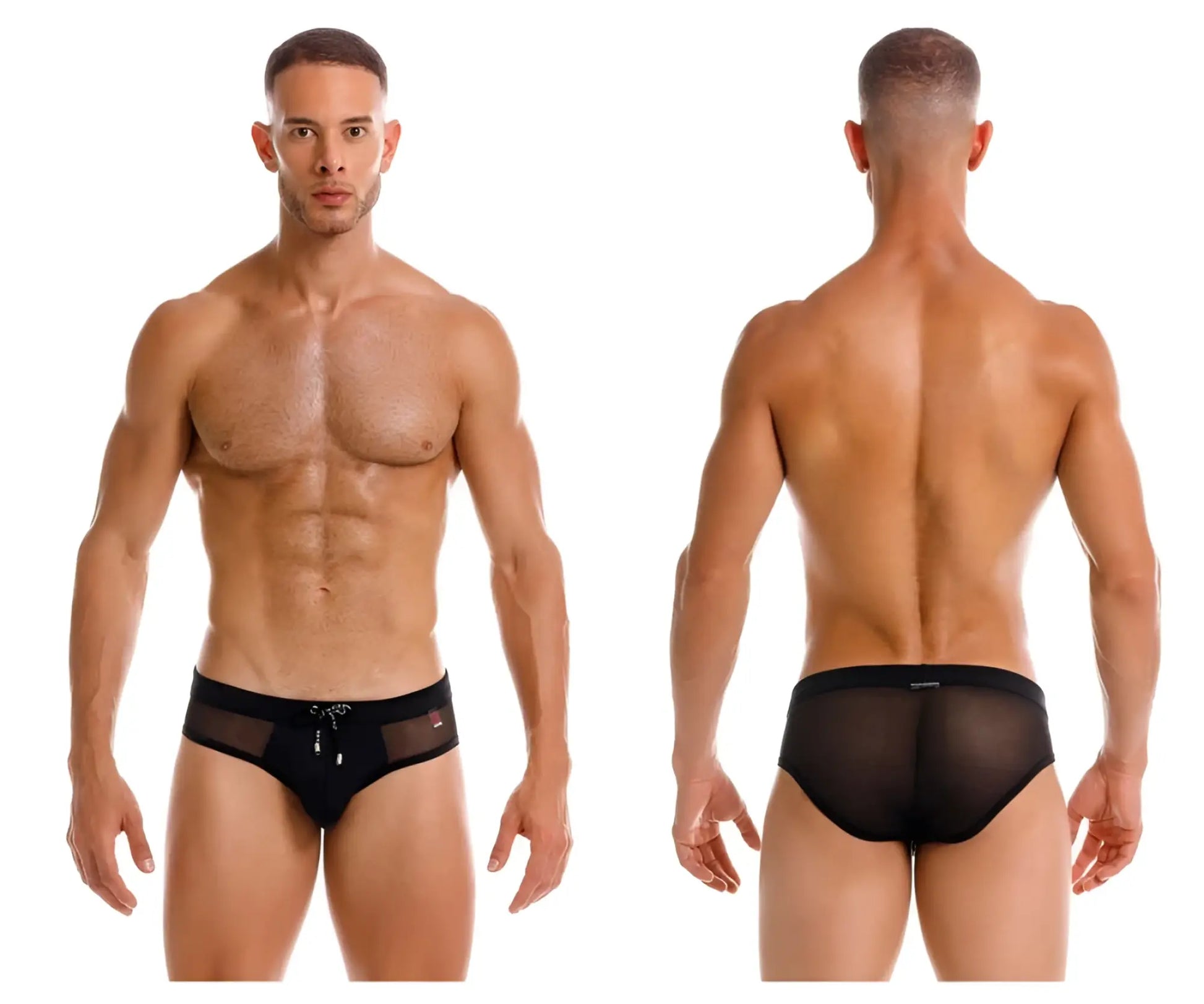 Black jor 2193 mystic swim briefs featuring mesh fabric solid waistband and small silver zipper detail at front