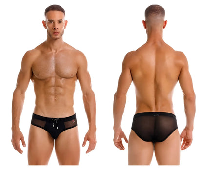 Black jor 2193 mystic swim briefs featuring mesh fabric solid waistband and small silver zipper detail at front