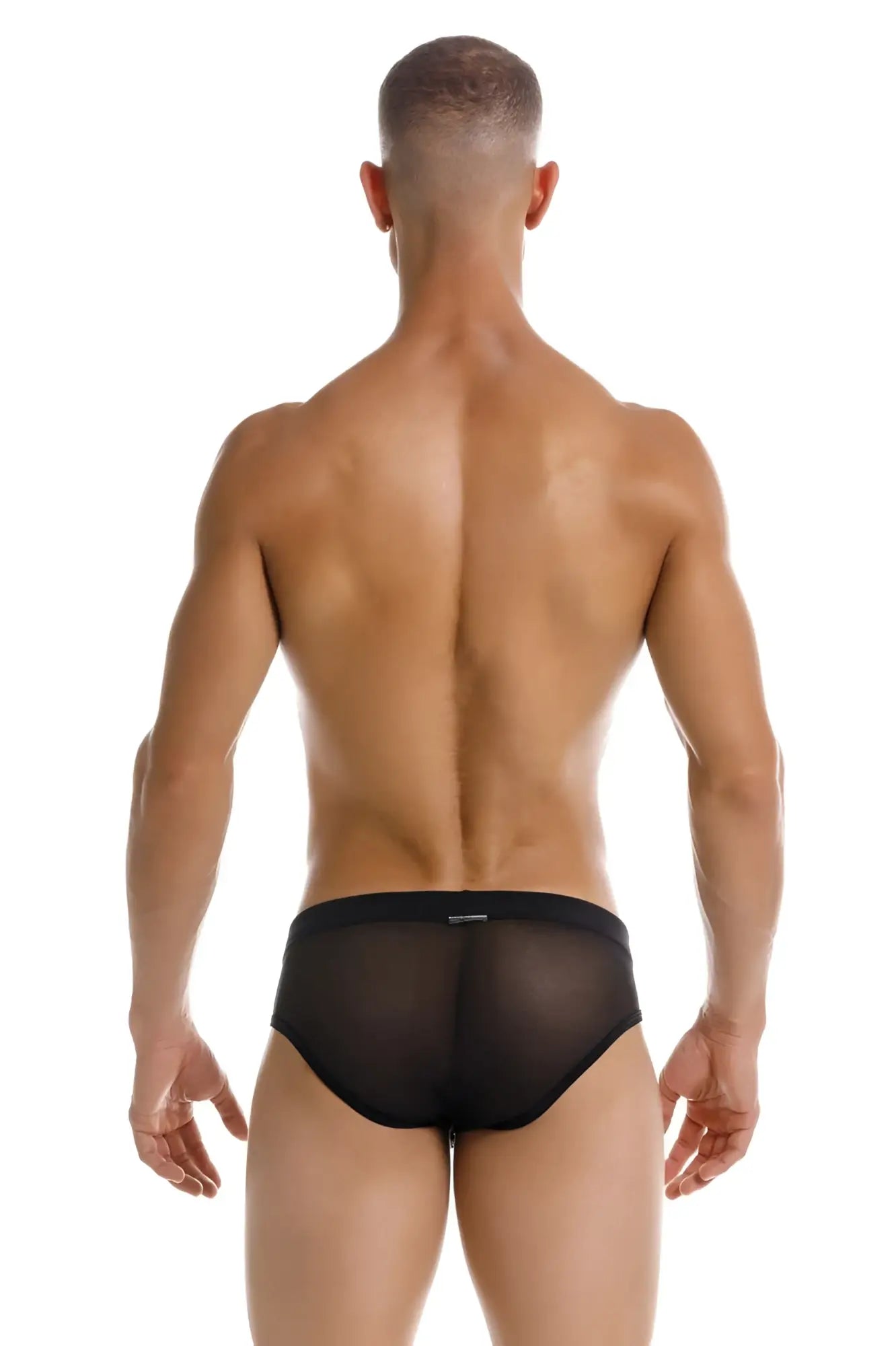 Black JOR 2193 mystic swim briefs in sheer mesh with a solid black waistband, front view