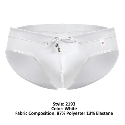 White jor 2193 mystic swim briefs with drawstring waistband and metallic toggle fasteners for men