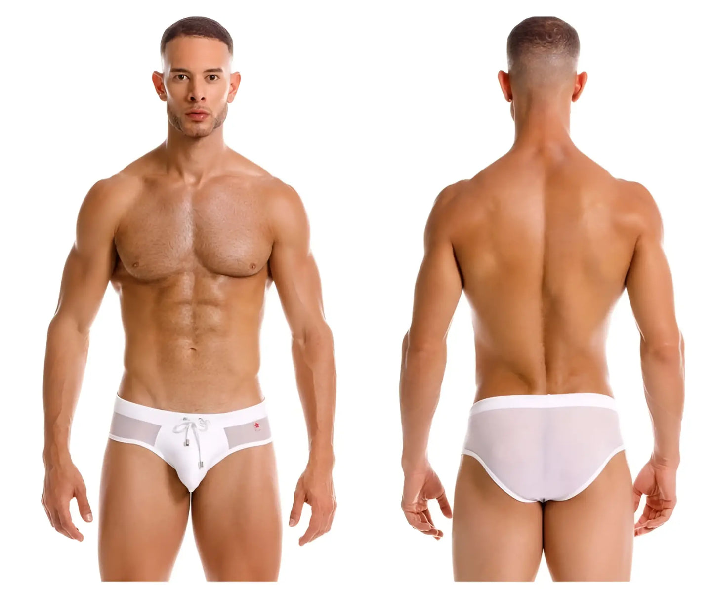 White jor 2193 mystic swim briefs in mesh fabric with drawstring waistband and subtle red logo detail