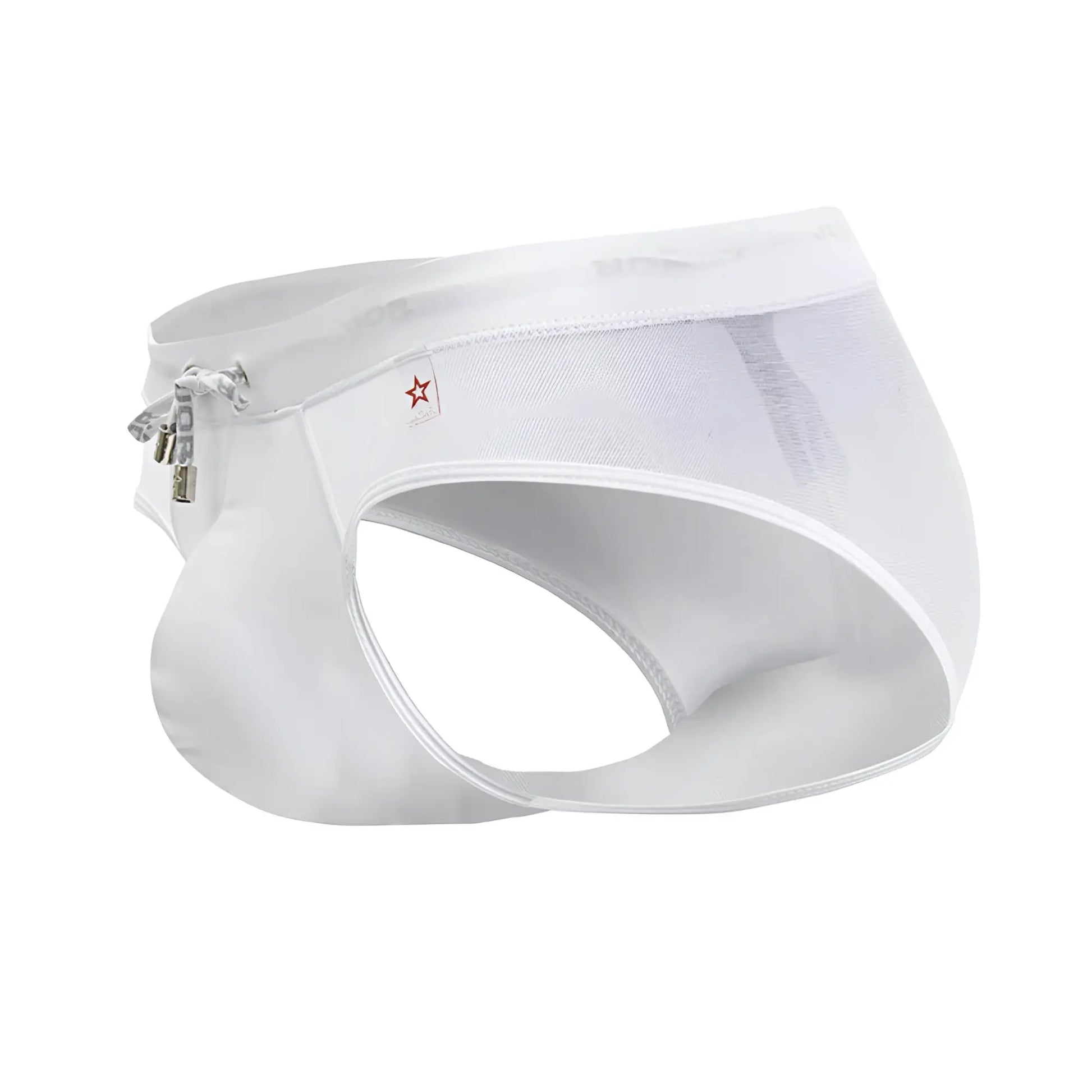 White mesh jor 2193 mystic swim briefs with side zipper and small red star logo