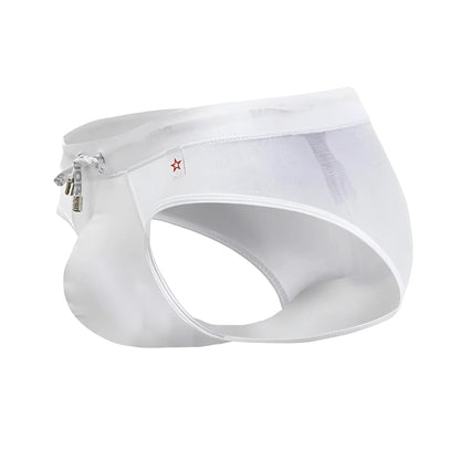 White mesh jor 2193 mystic swim briefs with side zipper and small red star logo