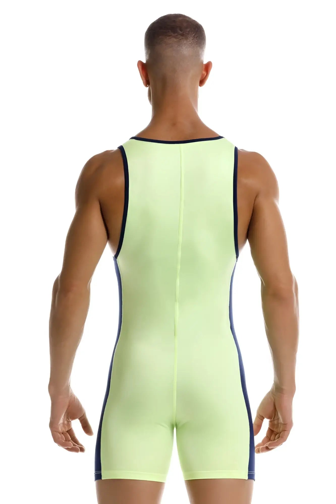 Neon green jor 2216 fighter bodysuit one-piece with black trim along sides and neckline for athletic use