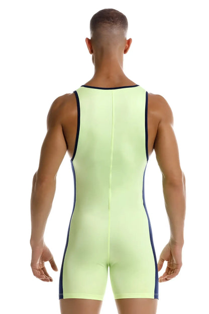 Neon green jor 2216 fighter bodysuit one-piece with black trim along sides and neckline for athletic use