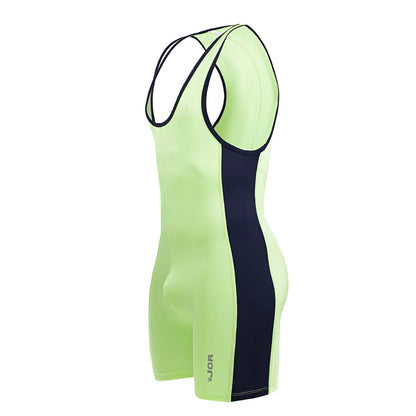 A neon green and black JOR 2216 Fighter Bodysuit athletic singlet with a sleek, form-fitting design