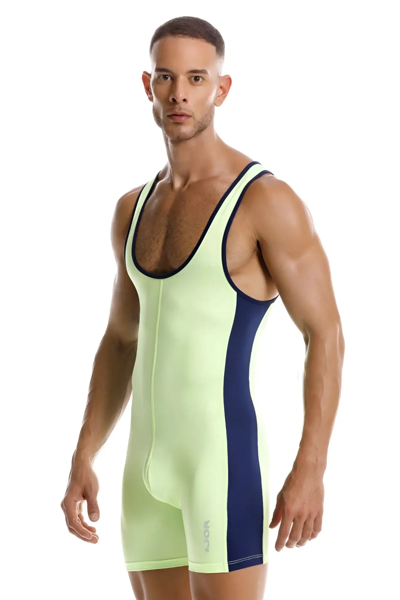 Neon green and navy blue athletic singlet with sleek form fitting design jor 2216 fighter bodysuit color green