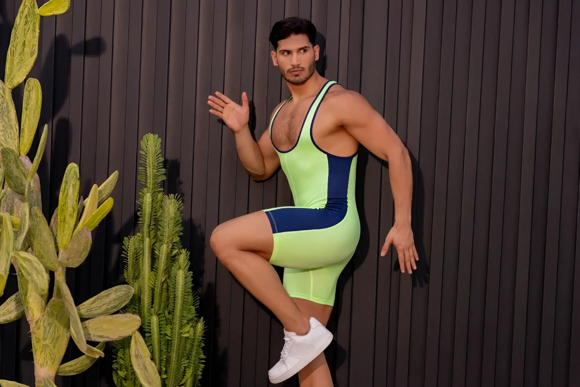 Neon green and navy blue jor 2216 fighter bodysuit one-piece suit with sleek form-fitting athletic design