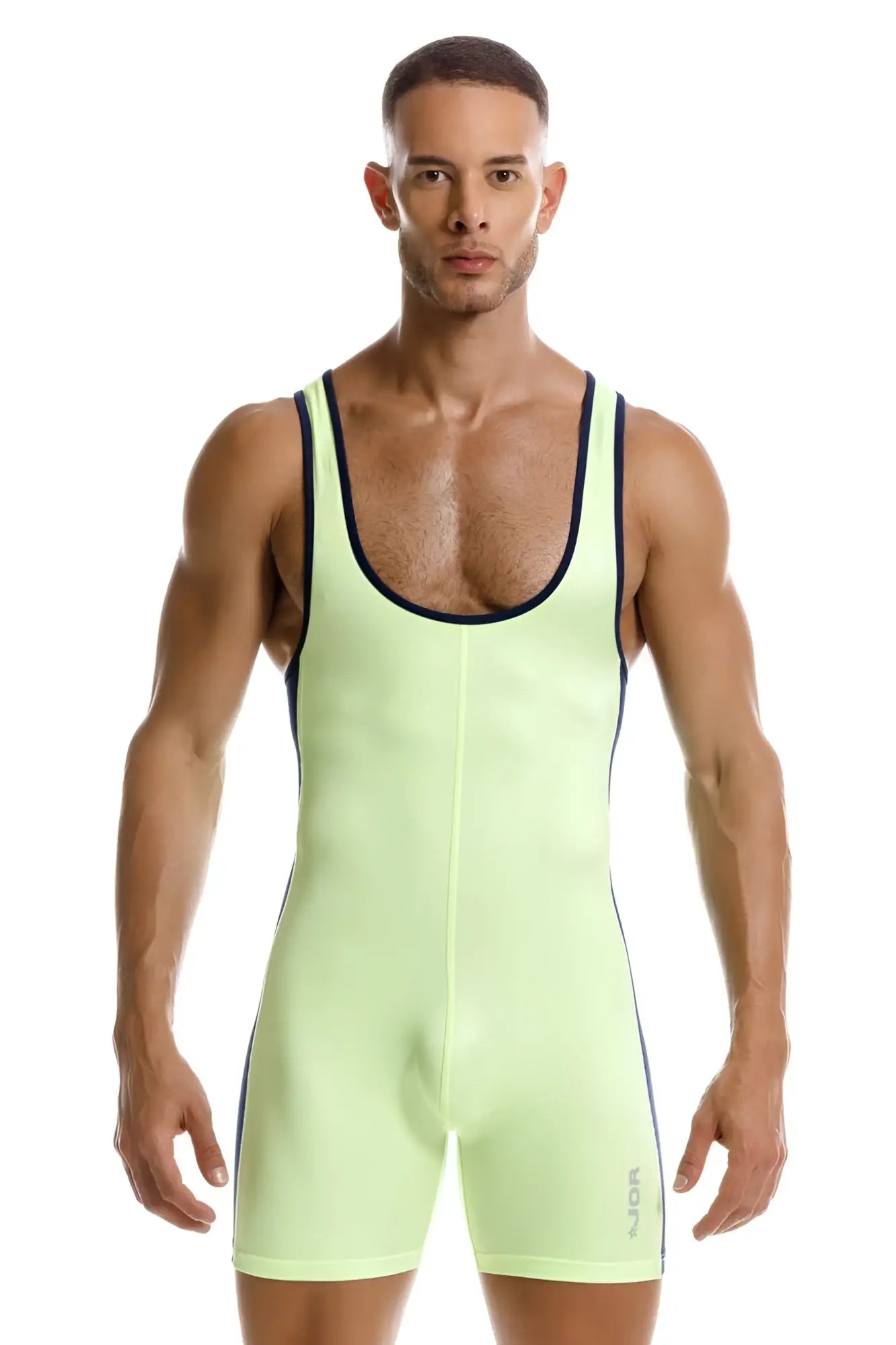 Neon green jor 2216 fighter bodysuit wrestling singlet with black trim along neckline and sides