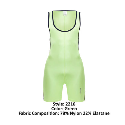 Neon green sleeveless athletic bodysuit with black trim along neckline and side seams jor 2216 fighter bodysuit color green