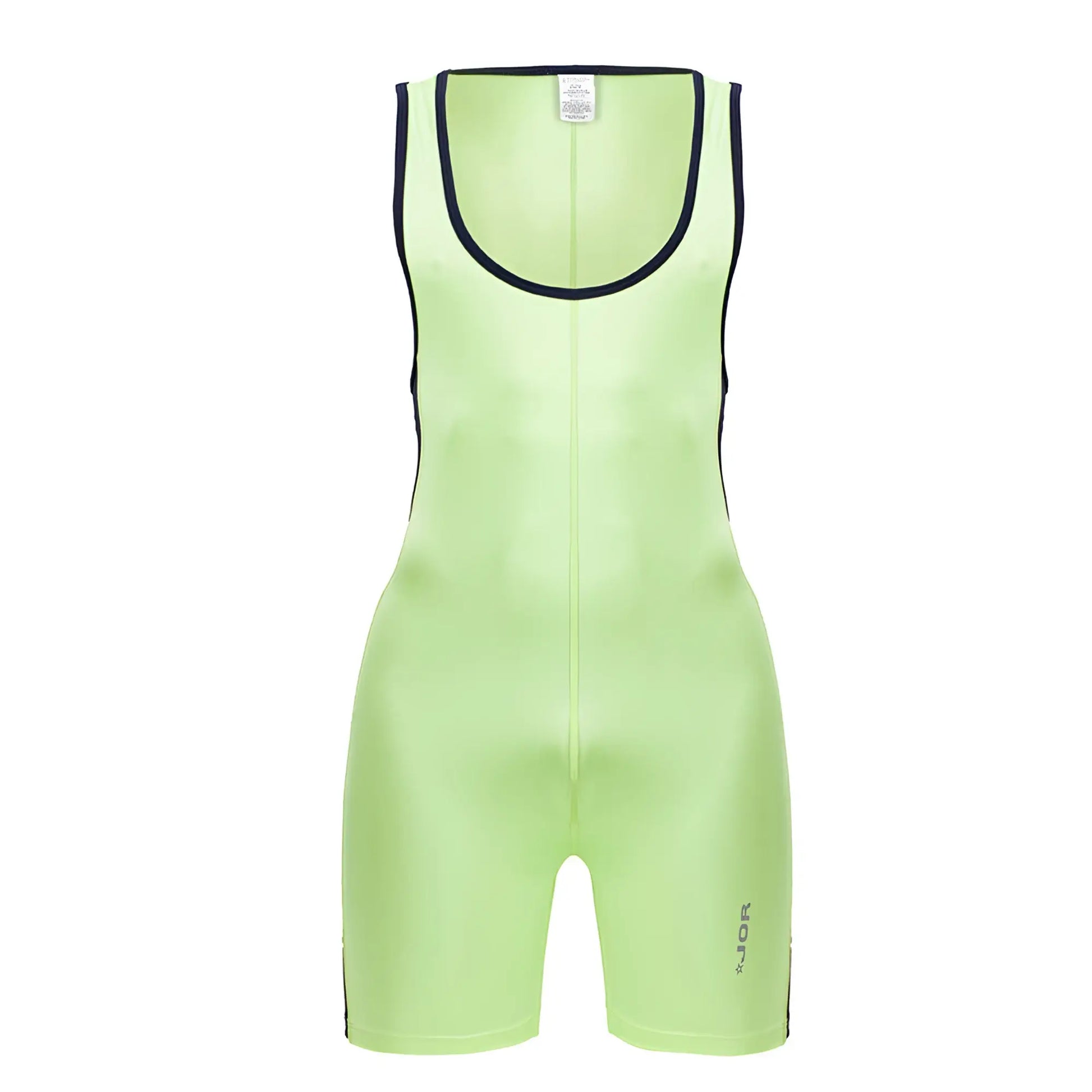 Neon green sleeveless athletic jumpsuit with black trim along neckline and sides jor 2216 fighter bodysuit color green