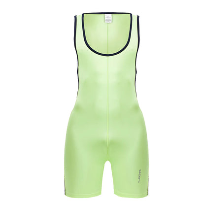 Neon green sleeveless athletic jumpsuit with black trim along neckline and sides jor 2216 fighter bodysuit color green