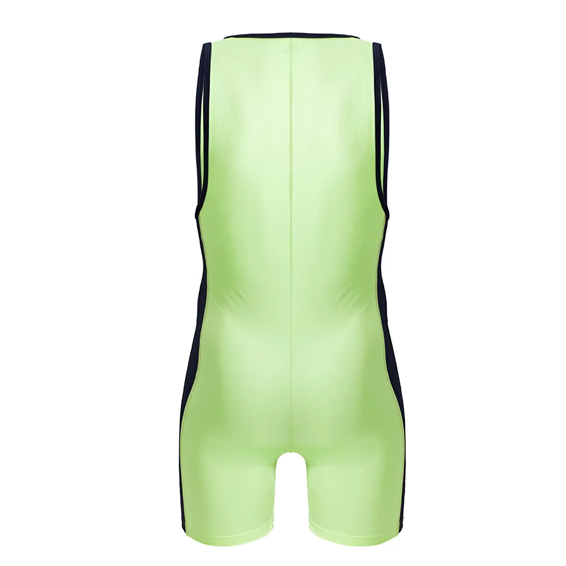 Neon green sleeveless JOR 2216 fighter bodysuit with black side panels for wrestling and athletic use