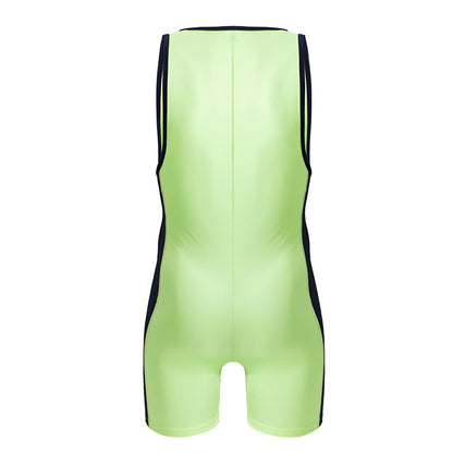 Neon green sleeveless JOR 2216 fighter bodysuit with black side panels for wrestling and athletic use