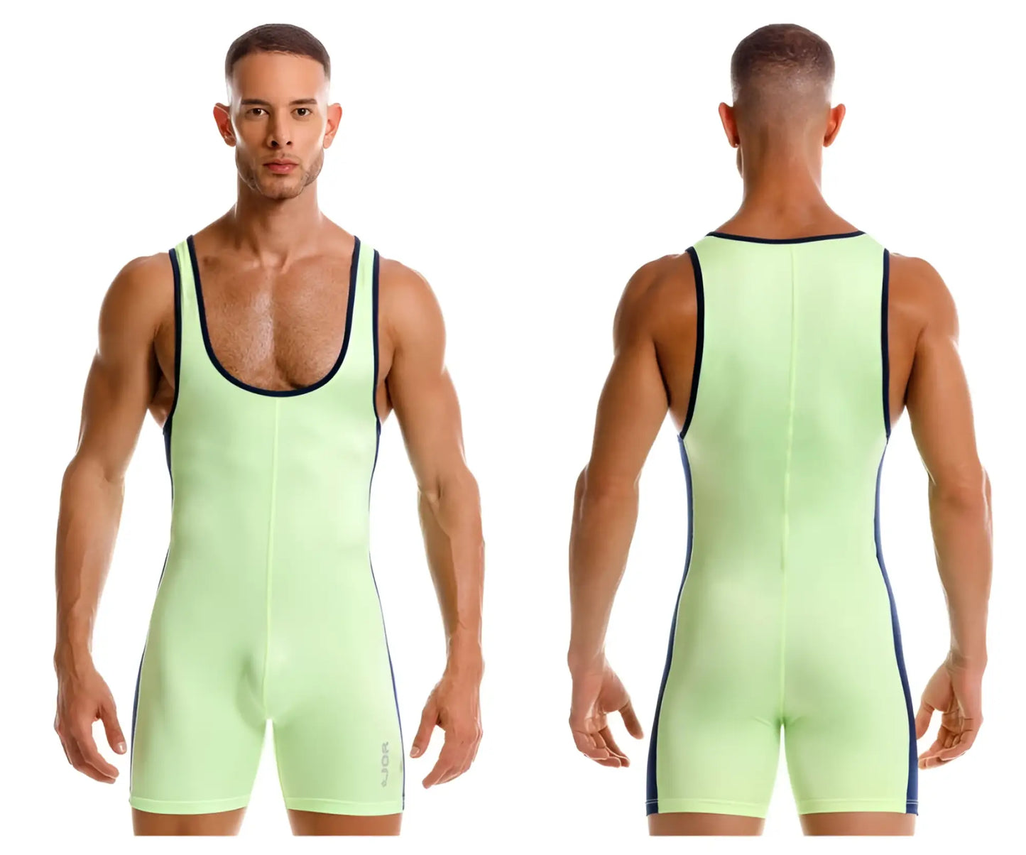 A sleek neon green jor 2216 fighter bodysuit wrestling singlet with black trim along the neckline and sides