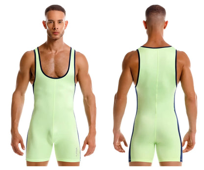 A sleek neon green jor 2216 fighter bodysuit wrestling singlet with black trim along the neckline and sides