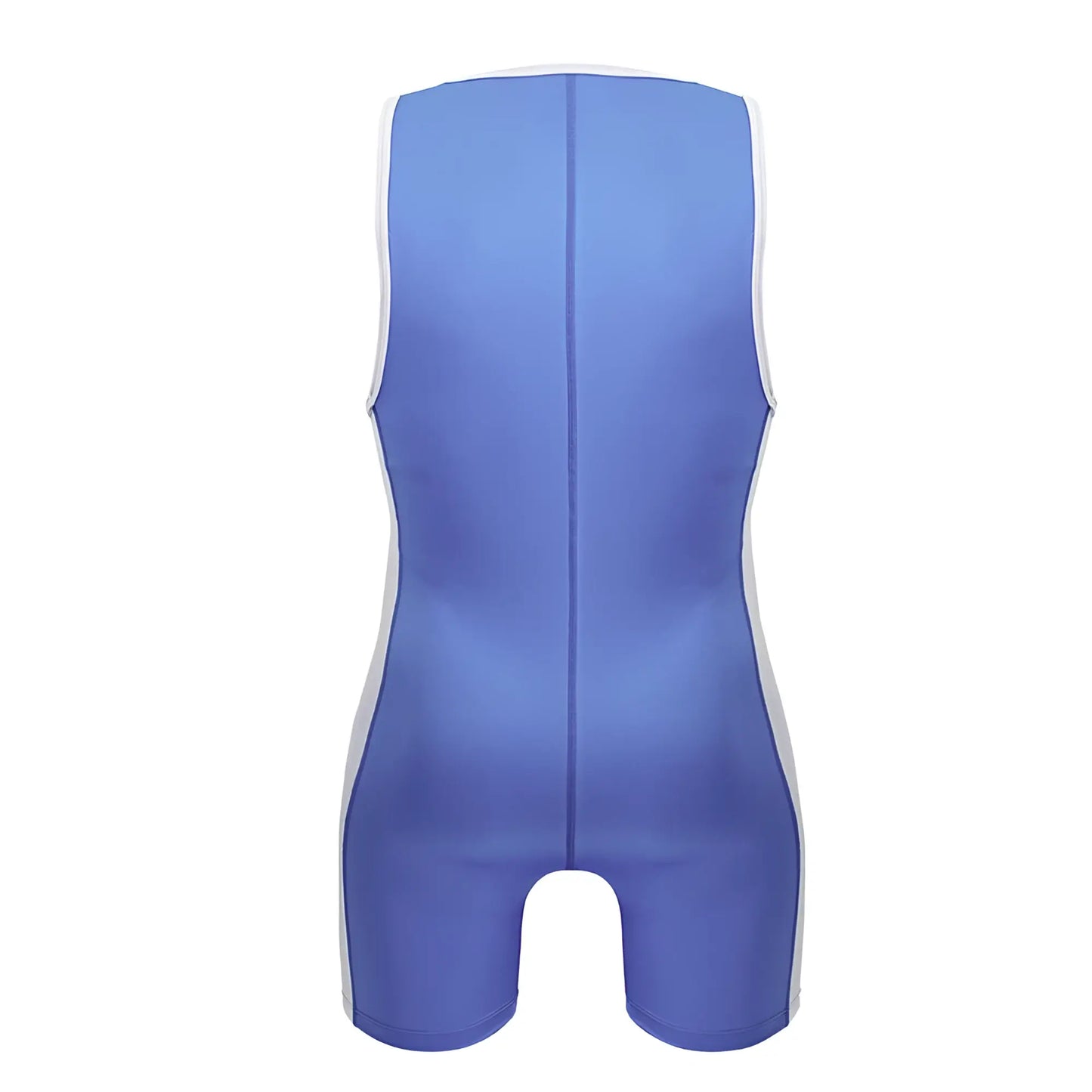 Blue and white sleeveless athletic bodysuit with central back seam in turquoise jor 2216 fighter bodysuit design