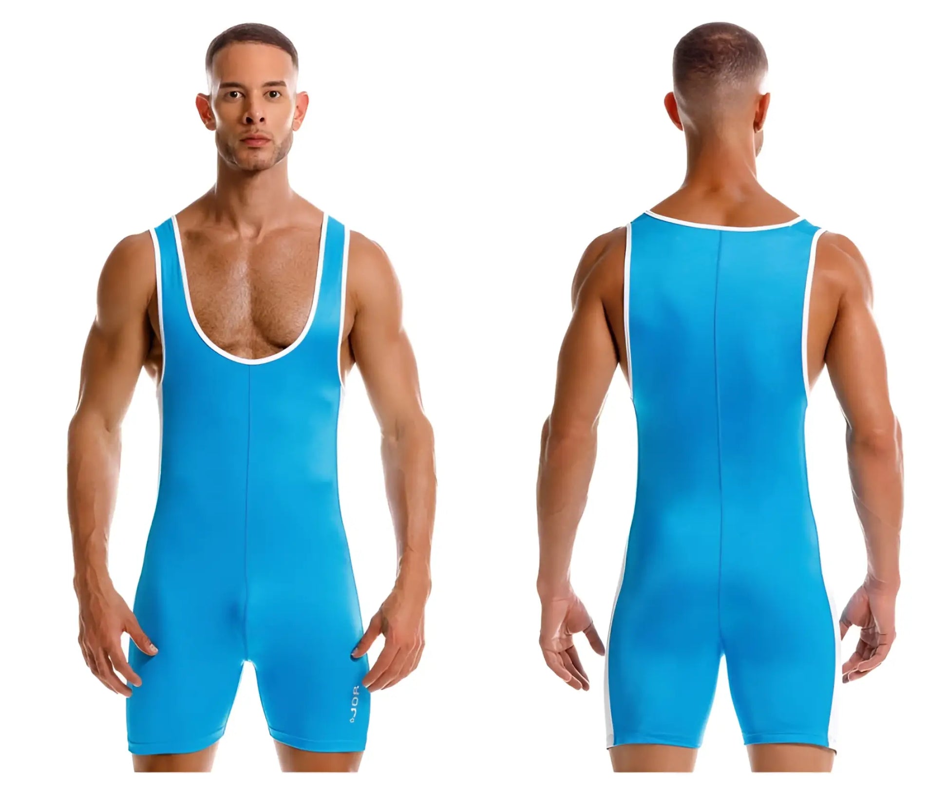 Bright blue JOR 2216 fighter bodysuit wrestling singlet with white trim along neckline and armholes