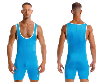 Bright blue JOR 2216 fighter bodysuit wrestling singlet with white trim along neckline and armholes