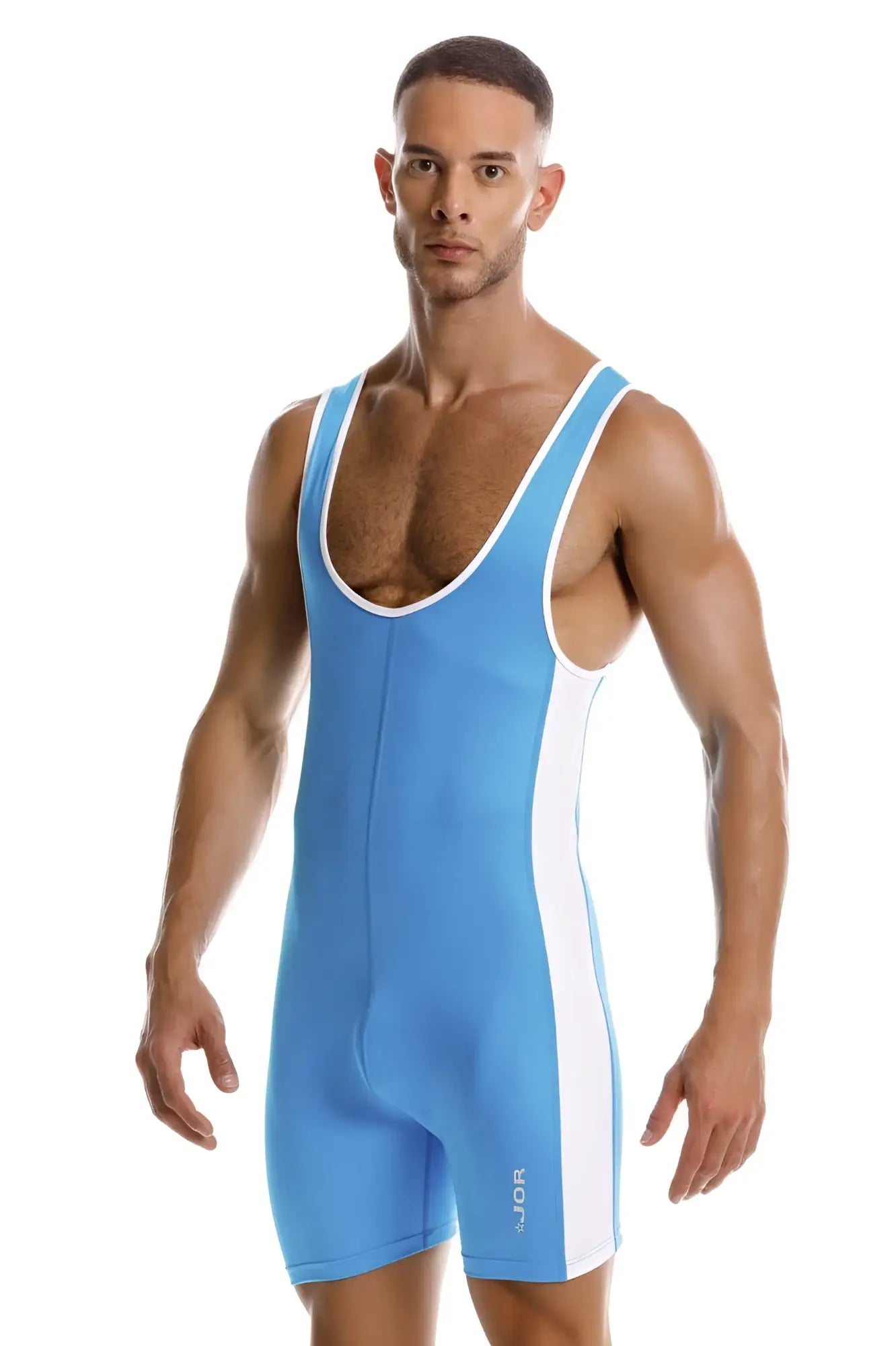 Light blue and white jor 2216 fighter bodysuit wrestling singlet with sleek form-fitting design in turquoise color
