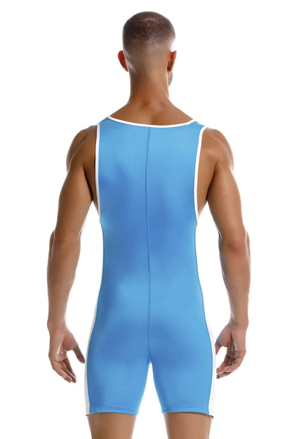A sleek light blue jor 2216 fighter bodysuit athletic singlet with white trim along neckline and sides