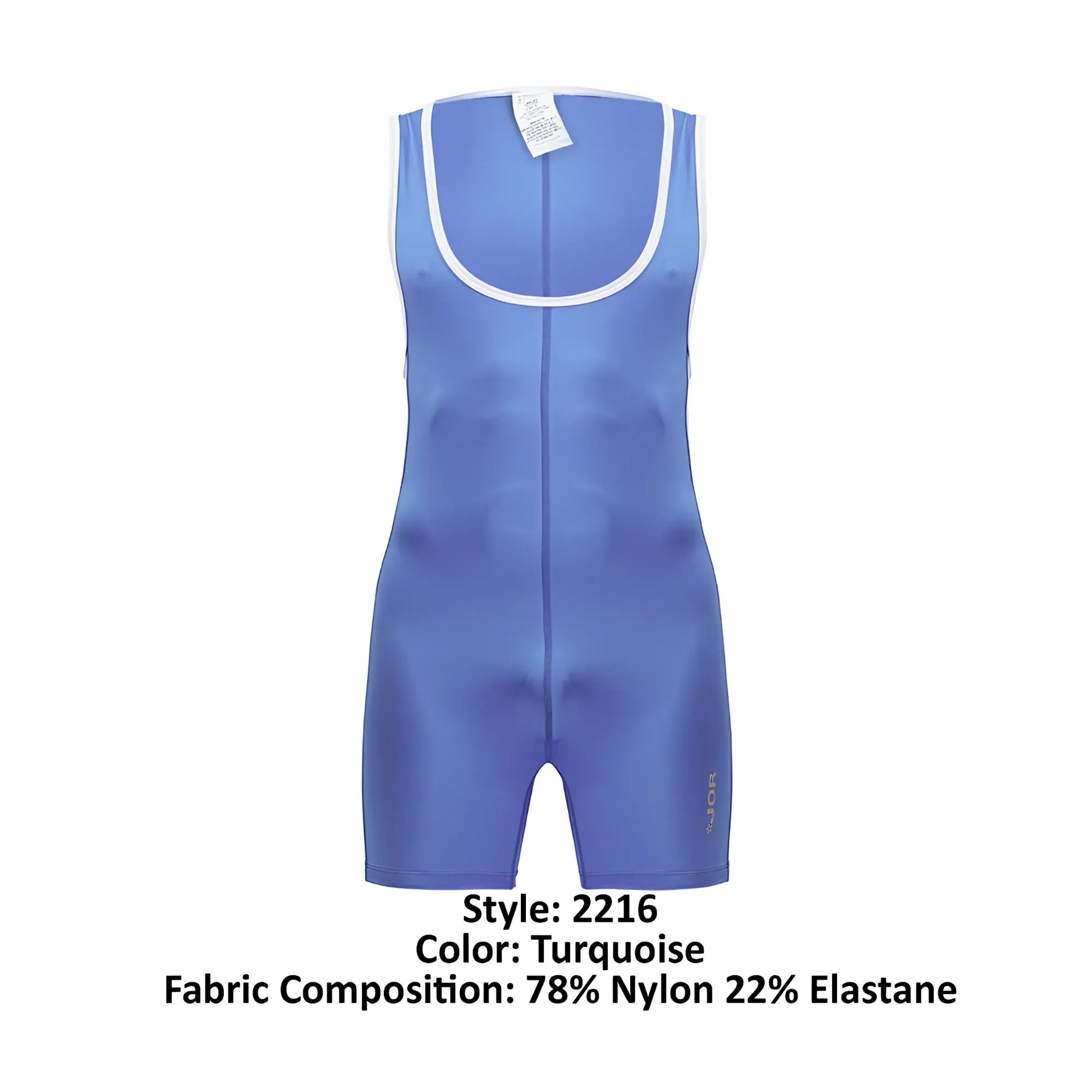 Turquoise sleeveless wrestling singlet with white trim and front zipper made from 78% nylon and 22% elastane