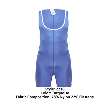 Turquoise sleeveless wrestling singlet with white trim and front zipper made from 78% nylon and 22% elastane
