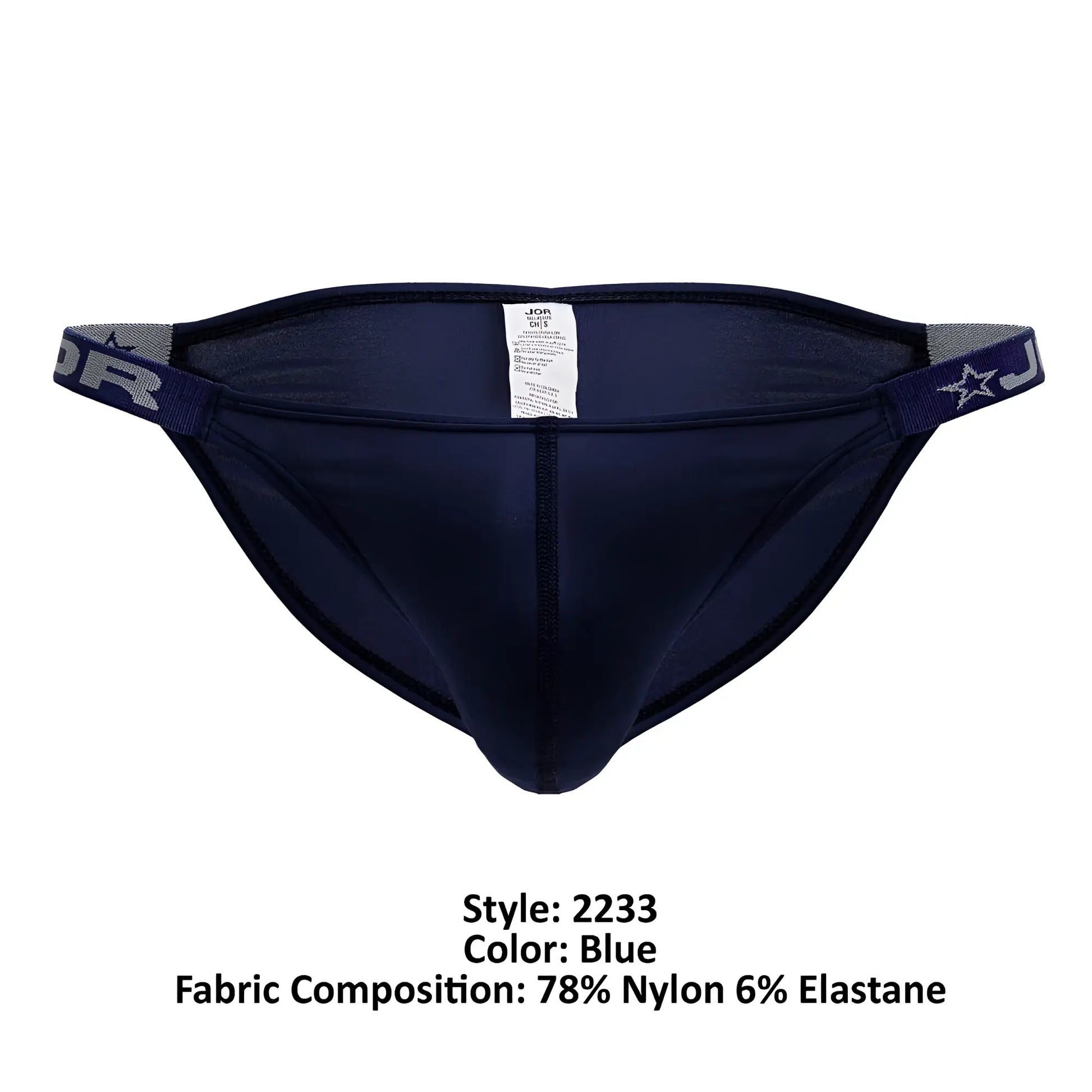 Navy blue jor 2233 eros bikini briefs for men with elastic waistband featuring star logo and brand lettering
