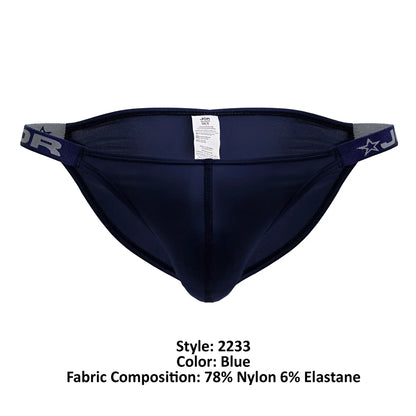 Navy blue jor 2233 eros bikini briefs for men with elastic waistband featuring star logo and brand lettering