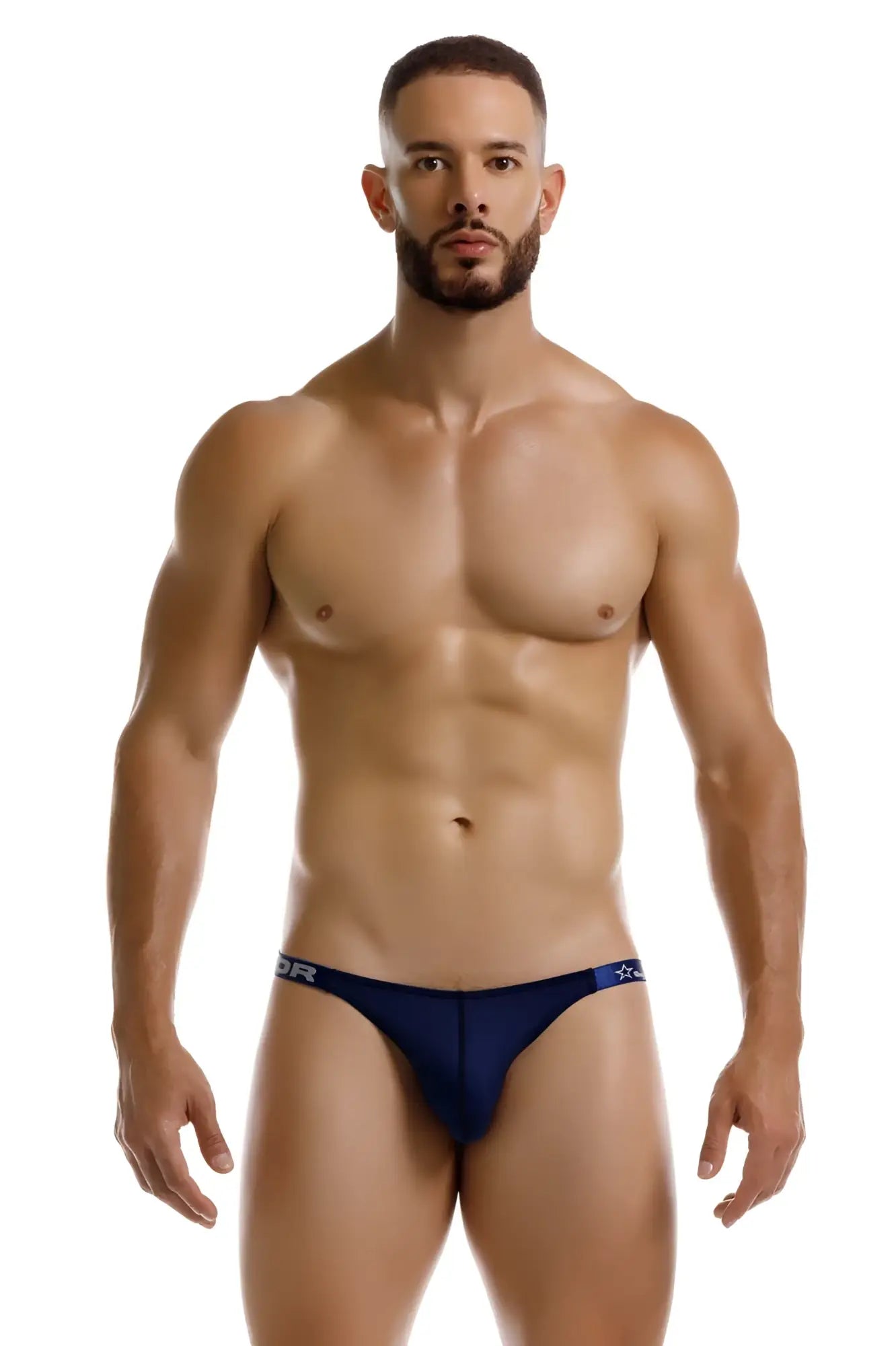 Navy blue JOR 2233 Eros bikini briefs with subtle star logo on waistband made from soft breathable fabric