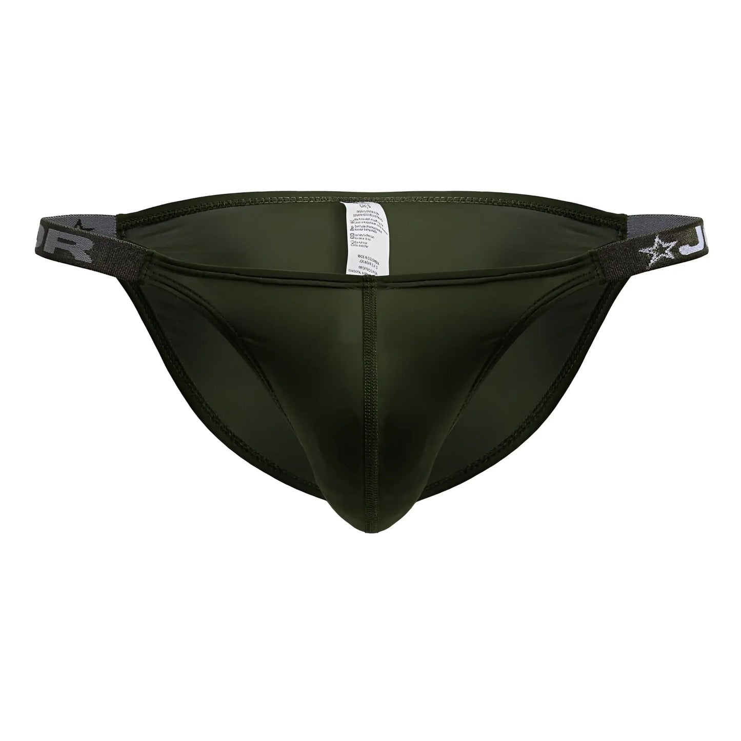 Dark olive green JOR 2233 Eros bikini briefs with elastic waistband featuring white star and j logo
