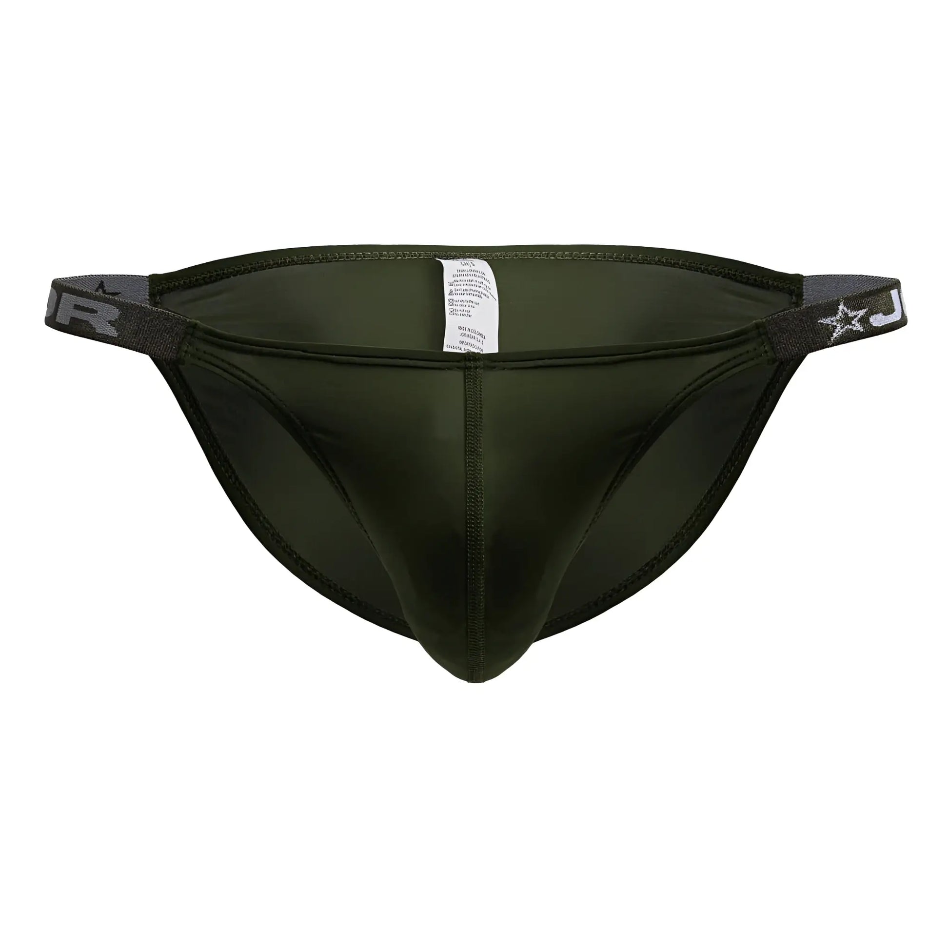 Dark olive green JOR 2233 Eros bikini briefs with elastic waistband featuring white star and j logo
