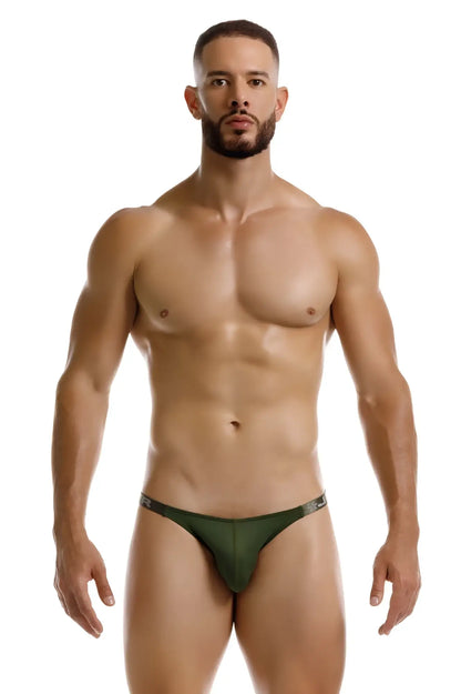 Dark green form-fitting thong bikini with subtle logo band at the waistband jor 2233 eros bikini color green back view