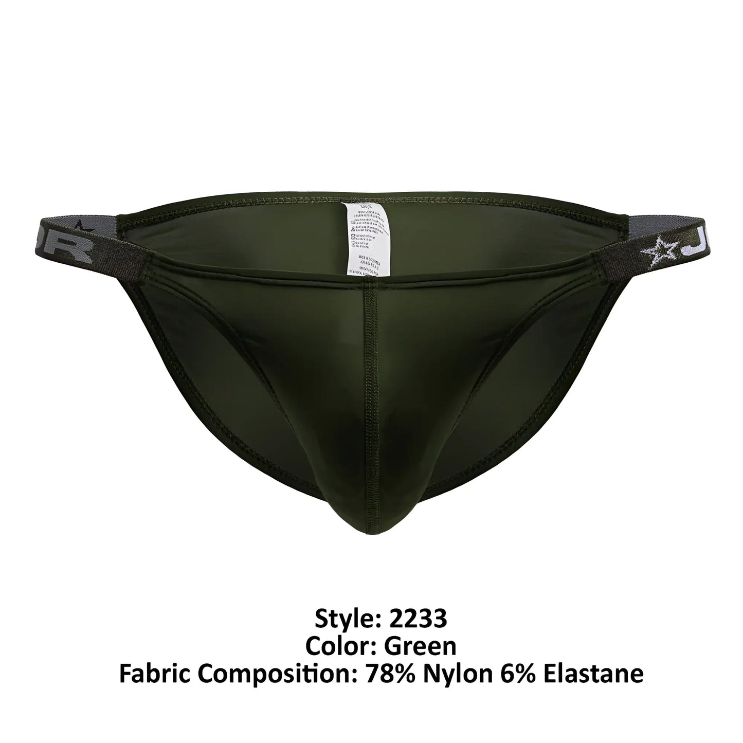 Olive green JOR 2233 Eros bikini briefs with elastic waistband featuring star and j logo for athletic use