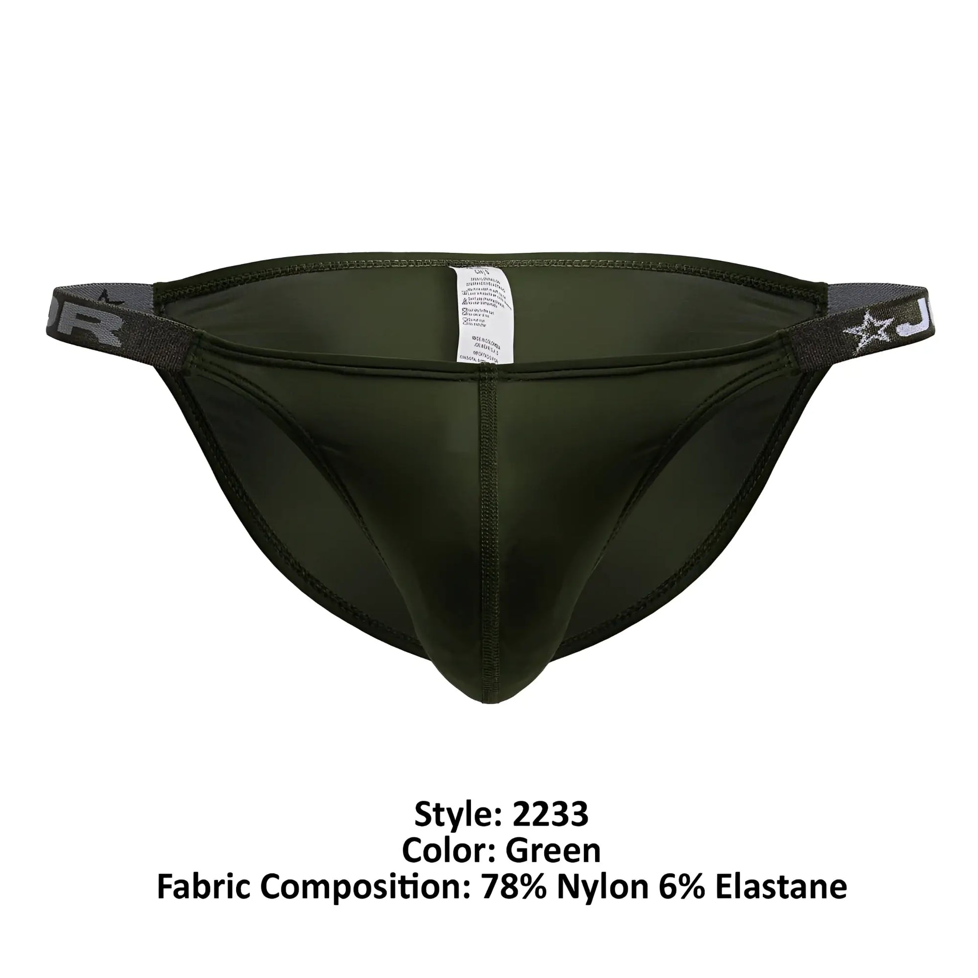 Olive green JOR 2233 Eros bikini briefs with elastic waistband featuring star and j logo for athletic use