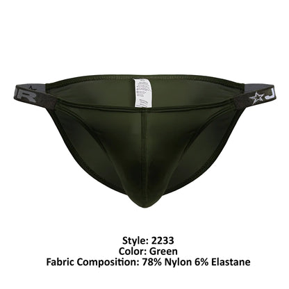 Olive green JOR 2233 Eros bikini briefs with elastic waistband featuring star and j logo for athletic use